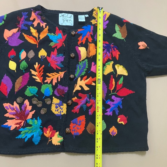 Michael Simon Vintage Fall Leaves Beaded Knit Cardigan Sweater Black XL Season - Picture 10 of 12